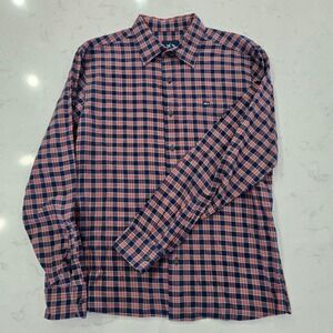 Fish Hippie Co Rumfront Plaid Shirt Mens Large Navy Orange Cotton Hemp L/S L